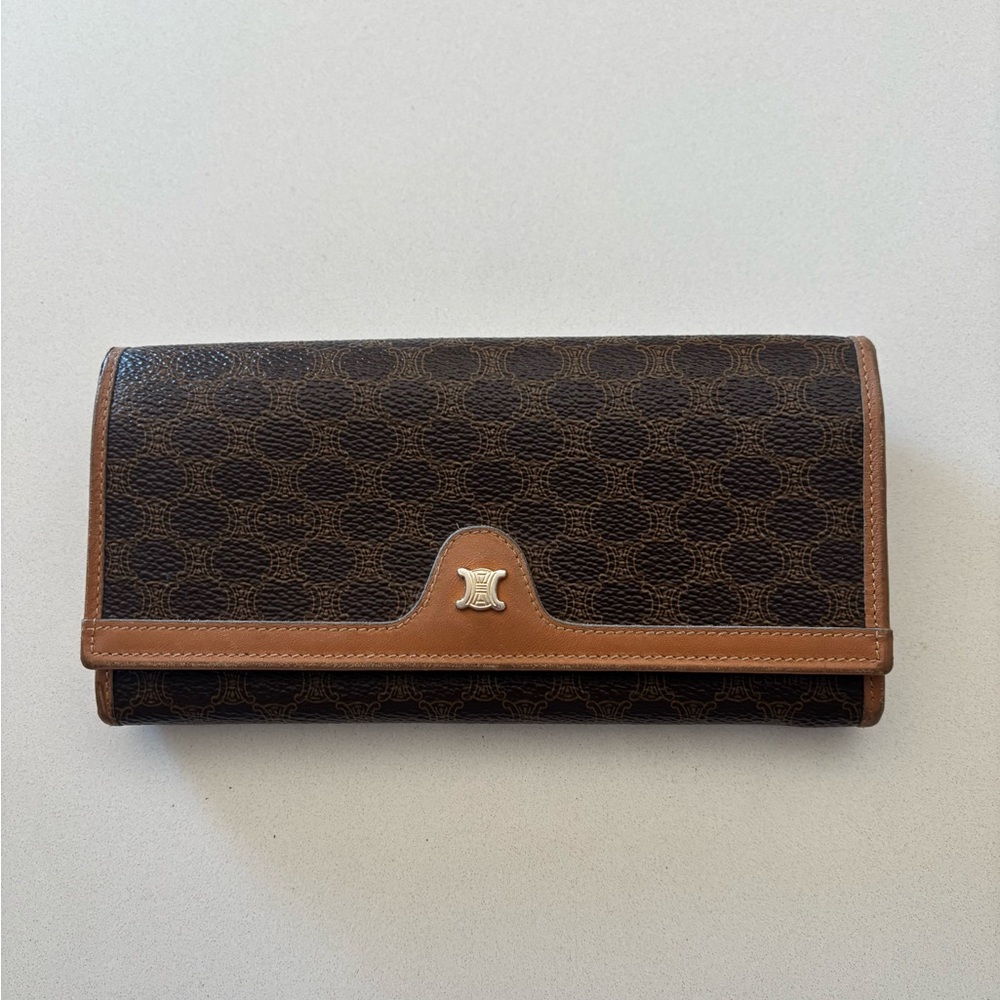 Celine Vintage Brown Macadam Leather Long Wallet with Tan Trim, Triomphe pattern